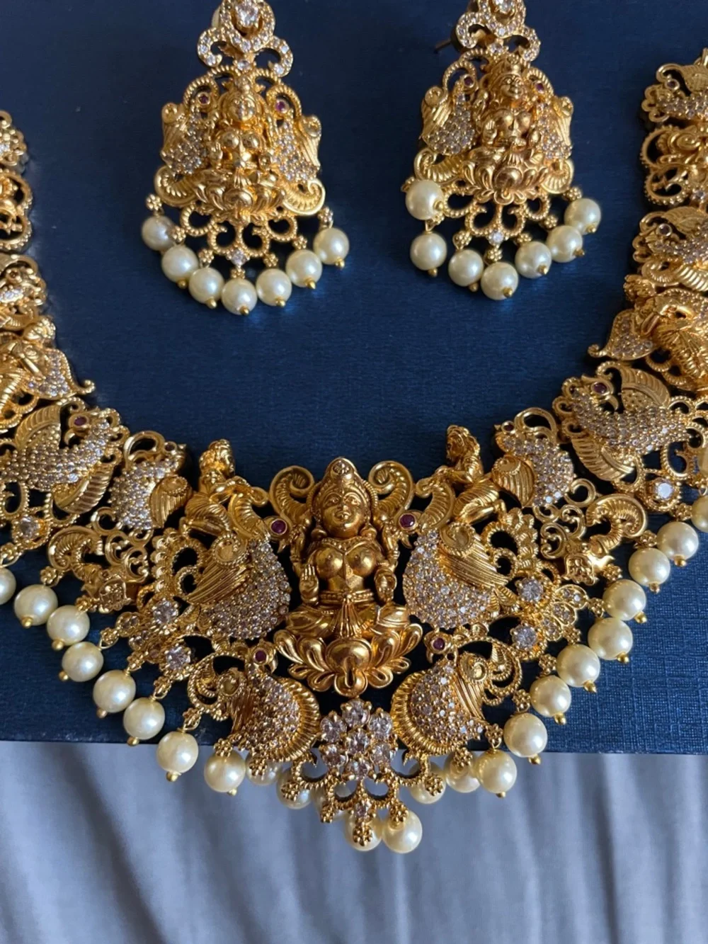 Traditional Gold-Tone Temple Necklace Set with Pearl Drops